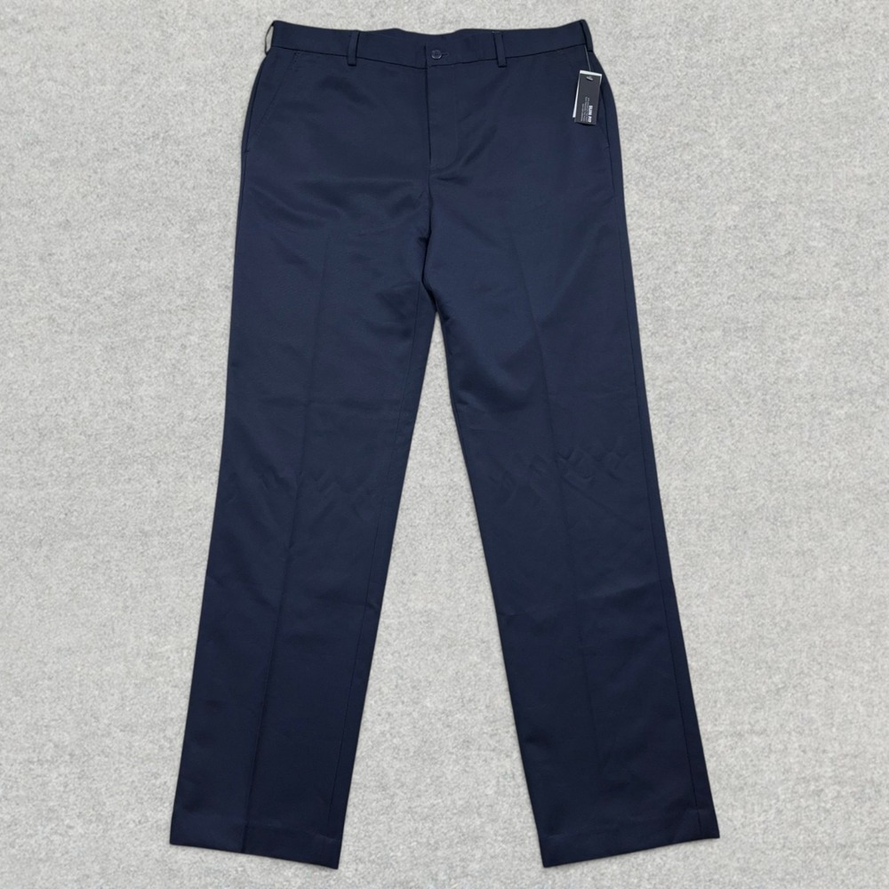 Van Heusen Traveler Pants Mens 36x34 Navy Blue Flat Front Slim Fit Straight NWT